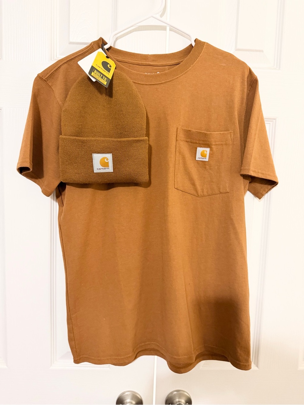 Carhartt Caramel Brown Pocket Tee with Matching Cuffed Beanie